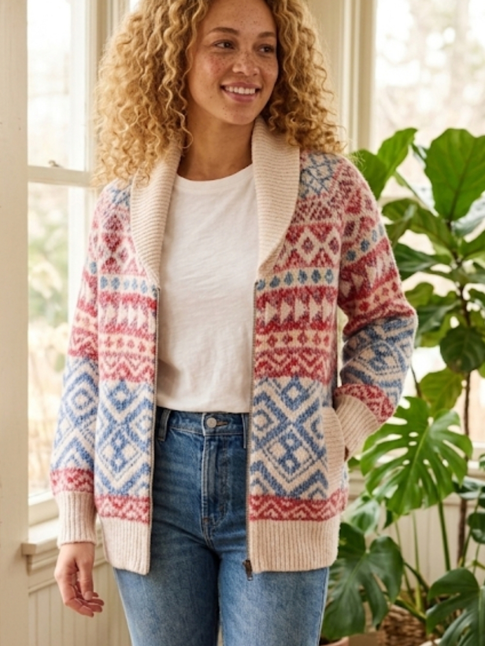 Cabi Highlands Shawl Collar Cardigan Fair Isle Aztec Nordic